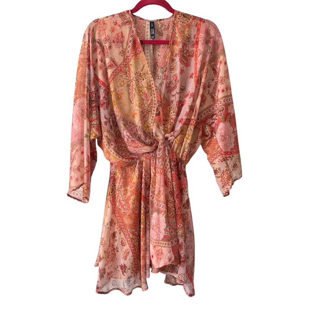 Mango Boho Floral Print Long Sleeve Flowy Chiffon Mini Dress Womens size 4 Small
